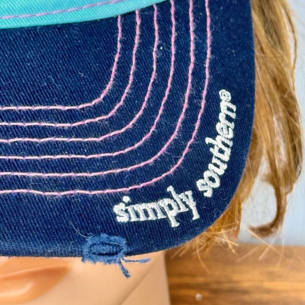 Simply Southern Happy Camper Embroidered Pink Aqua Baseball Hat Cap Distressed